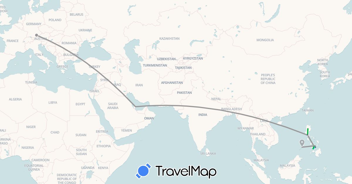 TravelMap itinerary: driving, bus, plane, hiking, boat, motorbike in Germany, Philippines, Qatar (Asia, Europe)